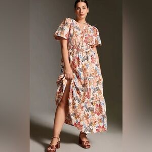 Anthropologie The Somerset Dress Pink and Orange Ruffled Wrap Maxi Dress